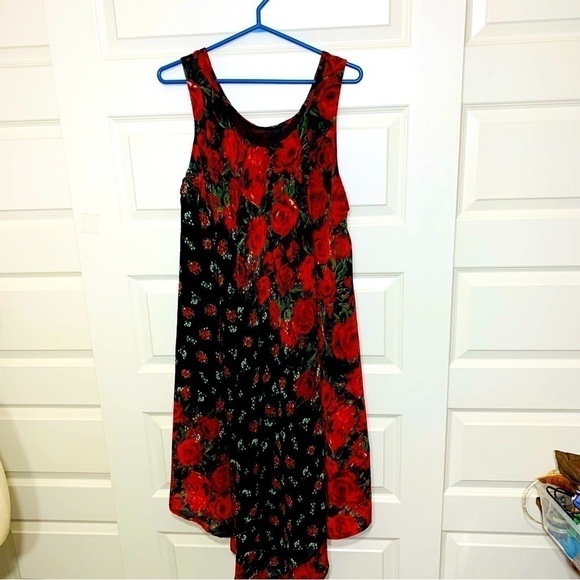CROCUS Black Red Floral Chiffon Shift Dress Asymmetrical Lagen Look Free Size - Picture 6 of 12